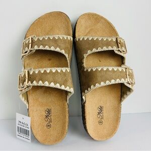 NWT Niki Slip On Sandals Women's 9 Taupe Double Strap Gold Buckles Embroidered